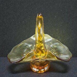 Vintage Italian Art Glass Basket Dish Bowl Amber Swirl Pattern Glass Decorative